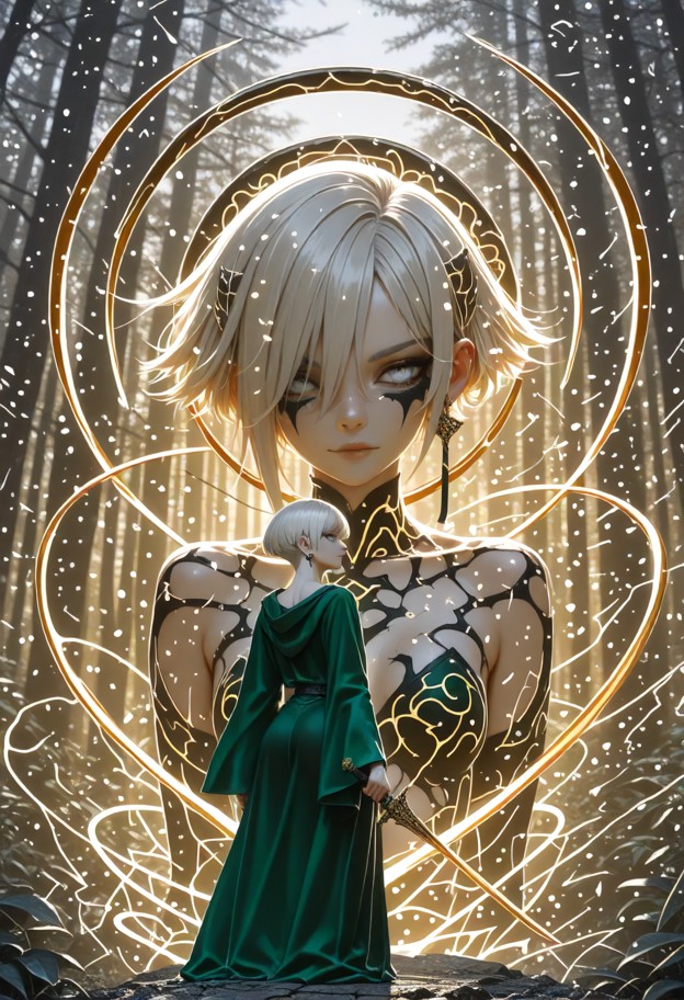 draco,dynamic pose,dynamic close upper view,vast open field with subtle perspective depth,revealing green robe flutte…
