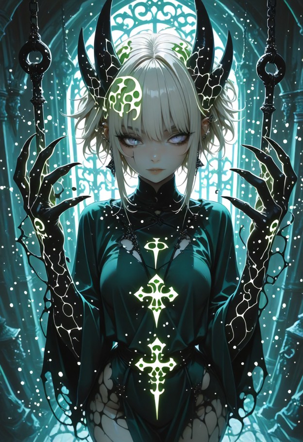 ultra-detailed anime illustration with dark-fantasy influence: a demonic cultivator is immobilized,bound by glowing c…