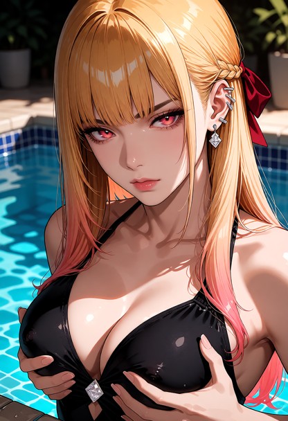 classy black swimsuit, pale skin, diamond earrings, pool, swimming_pool, tiles, (toned abs:1.4), (large breasts:1.4),…