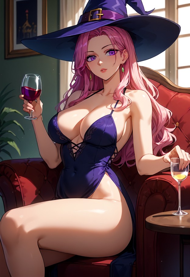 she is is leaning back in a velvet armchair,black silk slip dress,dimly lit lounge,velvet armchair,wooden side table,…