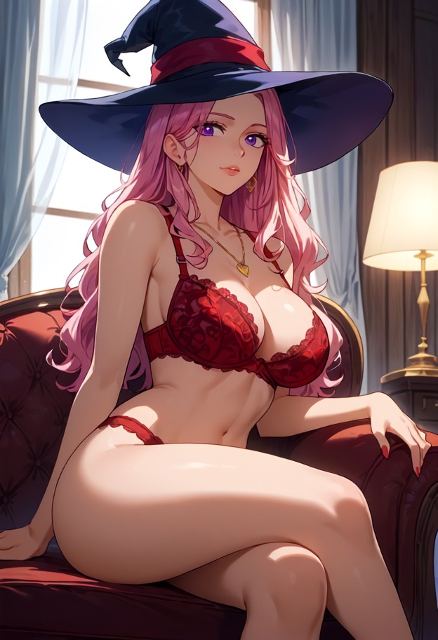 she is sitting in a plush armchair and touching her bra,crimson lace bra,crimson lace panties,thin gold necklace,diml…