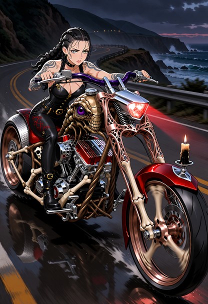 Scenario and Motion: A wide cinematic action shot of a highly detailed custom chopper motorcycle driving along a wind…
