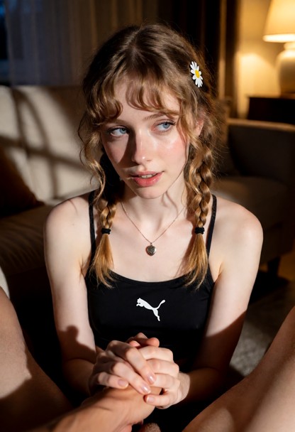 Location: evening in a dimly lit living room with soft shadows dancing across the furniture and warm, amber light spi…