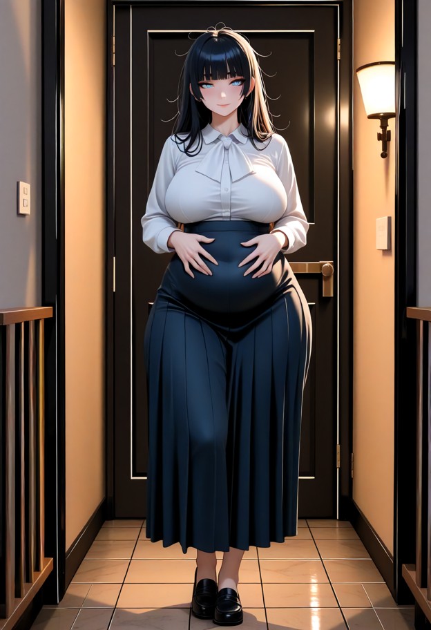 sana is leaning in close with a playful expression and resting hands on her pregnant belly,white cotton school blouse…