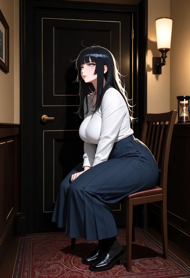 sana sits on a chair fidgeting with a magazine,white cotton school blouse,pleated navy blue wool skirt,black leather …