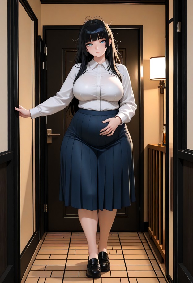 sana is leaning against the doorway holding her pregnant belly,white cotton school blouse,pleated navy blue wool skir…