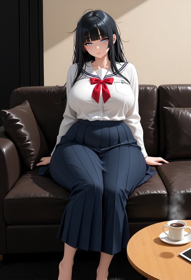 sana perches on the arm of the couch with her  on the coffee table,solo,white cotton school uniform blouse,pleated na…