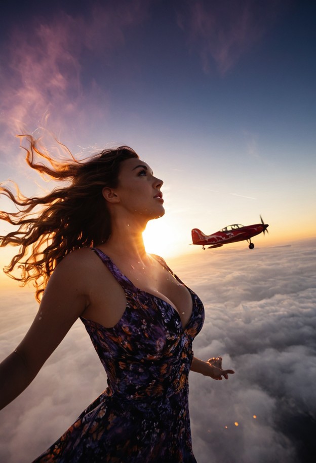 an ultra-dynamic worm's-eye view looking straight up at a woman swinging at extreme height. she has a look of intense…