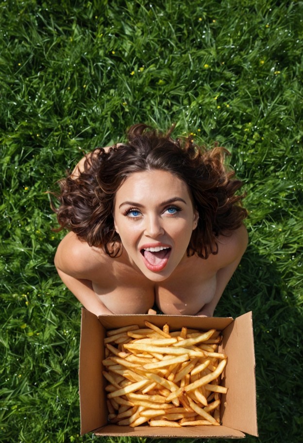 a
 surreal wide shot of a beautiful woman standing in a sunny green field,looking up with an open mouth. the entire s…
