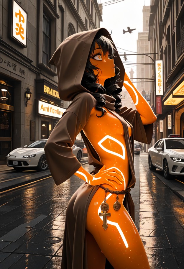 1girl standing,wearing worn white and brown desert robe,hood over her head,hand on hip,hand on hood,looking up,dark a…