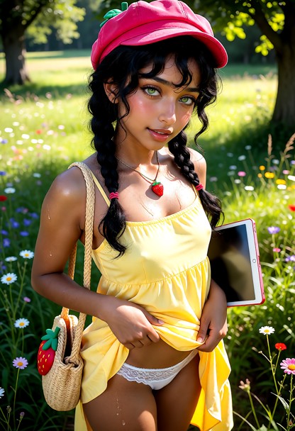 Location: bright afternoon in a sunny grassy meadow with colorful wildflowers and soft, natural sunlight filtering th…