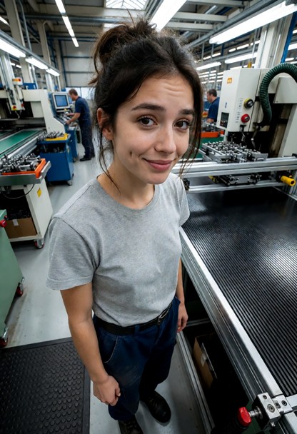 Location: busy industrial factory floor during the day, filled with heavy machinery, metal assembly lines, and bright…