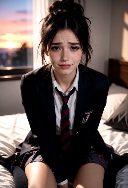 Woman wears a school uniform with a skirt, blazer, tie, knee-high socks, light makeup, and soft blush., The subject l…