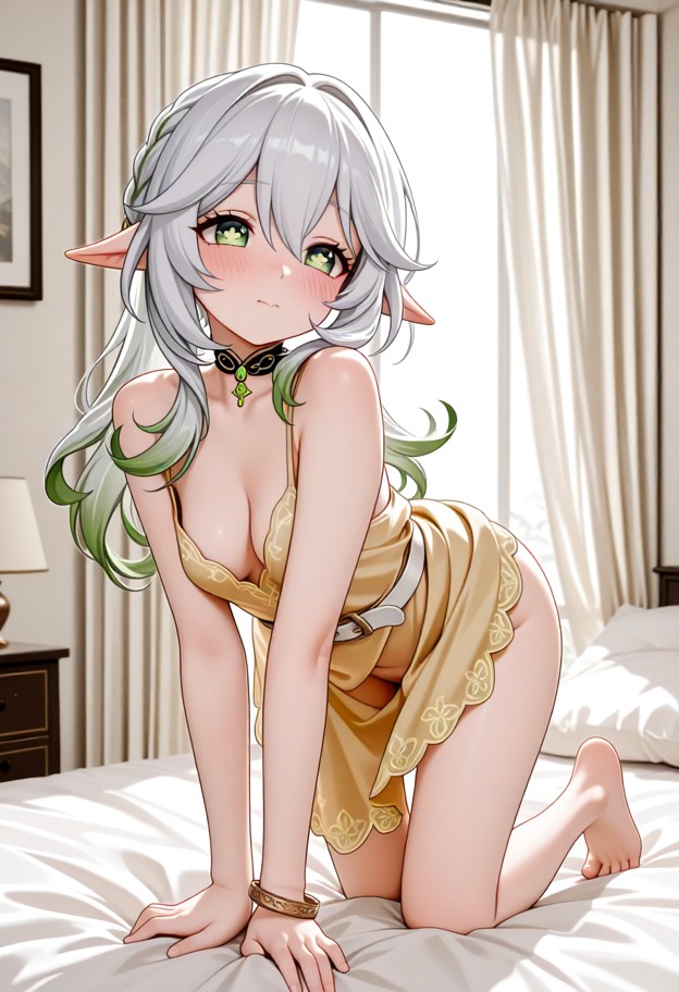 1girl,solo,crawling on bed,yellow summer dress,white belt,choker,bangles,stroking arm,bedroom,half open curtains,diml…