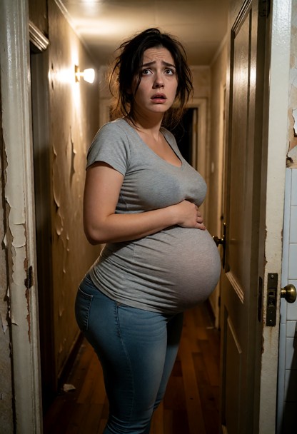 Location: dim hallway of a small apartment with peeling wallpaper and a single flickering overhead light casting long…