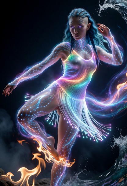 A futuristic woman in a dynamic capoeira kick pose, sweeping low with one leg grounded, viewed from a distance to sho…