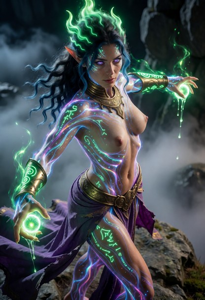 black hair, muscular, standing with glowing green arcane runes; dynamic heroic pose with both arms outstretched, wear…
