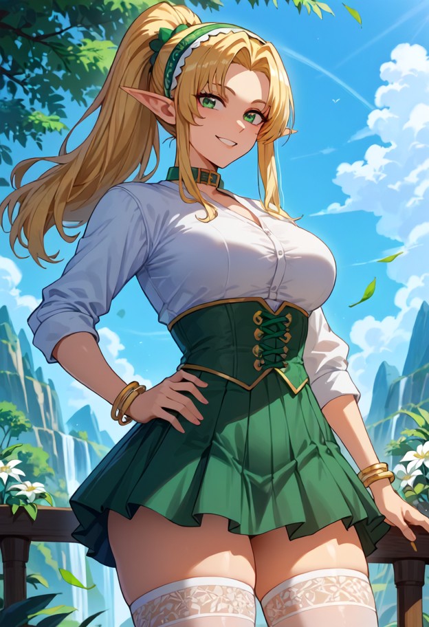 standing with one hand on her hip,happy expression,looking at viewer,white undershirt,green corset,white open-front j…