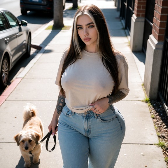 She is on sidewalk walking her little dog wearing a casual comfortable outfit weariing baggy jeans and a loose t-shir…