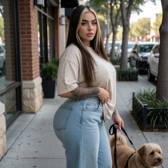 She is on sidewalk walking her little dog wearing a casual comfortable outfit weariing baggy jeans and a loose t-shir…