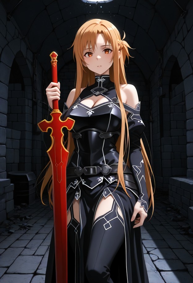 clothed,dungeon,holding red sword,fierce look,4 nude orcs