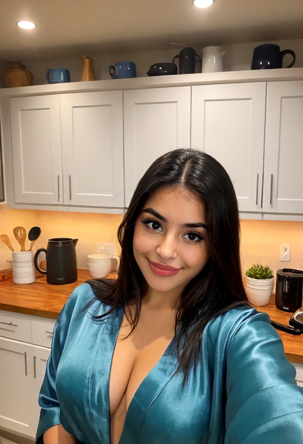 she is is smiling in the kitchen,blue silk robe,kitchen,white cabinets,wooden countertop,cupboard with ceramic mugs,s…