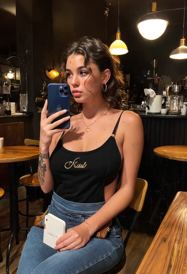 nikki is sitting on a chair holding her smartphone,black tank top,grey denim apron,holding black lace panties,dim lat…