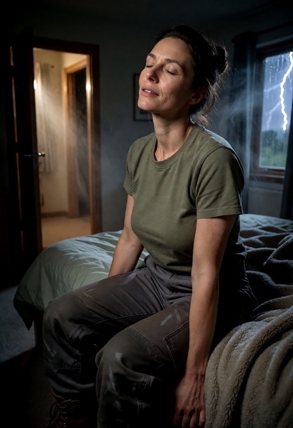 Location: inside a dimly lit bedroom with soft shadows clinging to the corners, where the faint, warm light from the …