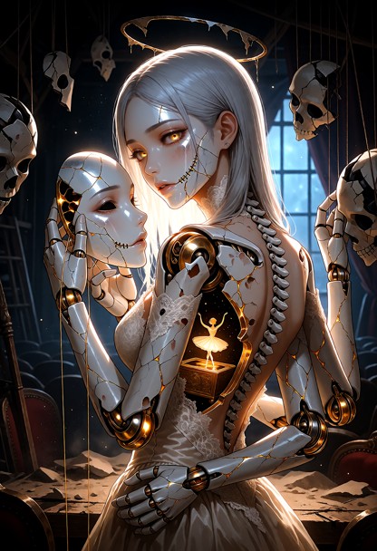 Seraphine standing in a dusty theatre props room among broken marionettes hanging from the ceiling, wearing a tattere…