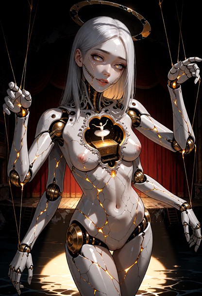 Seraphine fully nude, no clothing, bare cracked white porcelain body with glowing molten gold kintsugi seams running …