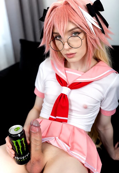 wearing a pink Astolfo wig and pink Astolfo sailor cosplay. hem of the skirt raised up hes large penis in erection, h…