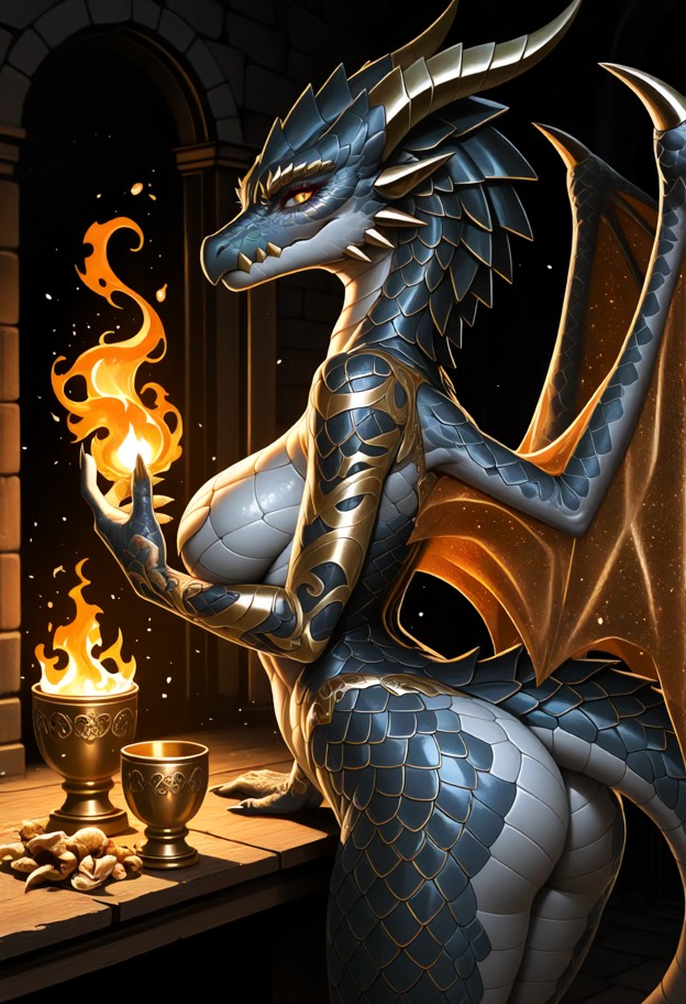 tiamat is hugging the viewer and about to kiss,she is,solo,facing viewer,sheer crimson and gold silk wrap,heavy brown…