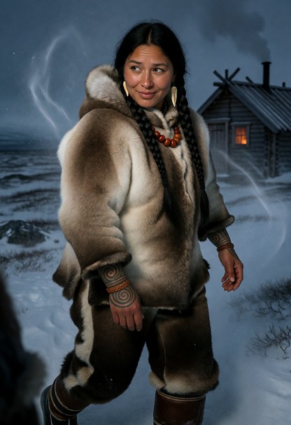 Location: vast arctic tundra under a dim twilight sky, with wind-blown snow swirling around a distant, small wooden h…