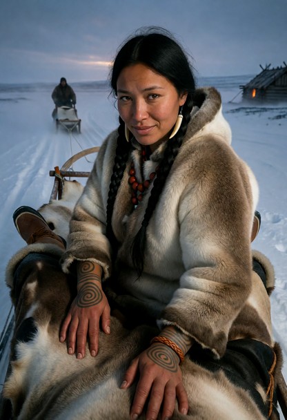 Location: vast arctic tundra under a dim twilight sky, with wind-blown snow swirling around the moving sled; the fain…