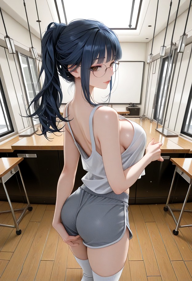 megumi lifted her shirt to reveal her breasts,large breasts,seductive figure,alone,white tank top,gray jersey shorts,…