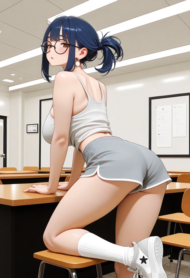 megumi lifts her shirt to reveal her full breasts (5.9),thighs (5.9) and hips (5.8),a seductive figure,alone,wearing …