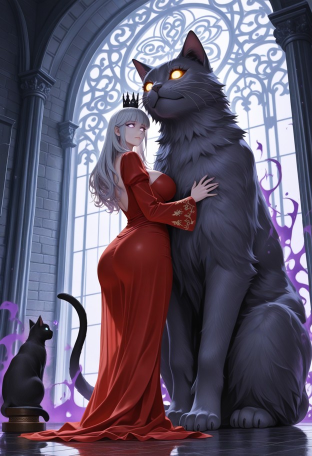 (massive giant grey cat face:1.6) in the background filling 90% of the frame,huge amber eyes. in the lower foreground…