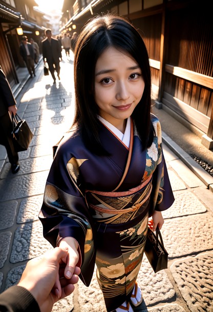 Location: a bustling Tokyo street in 1876 during the golden hour, with soft evening sunlight filtering through the wo…