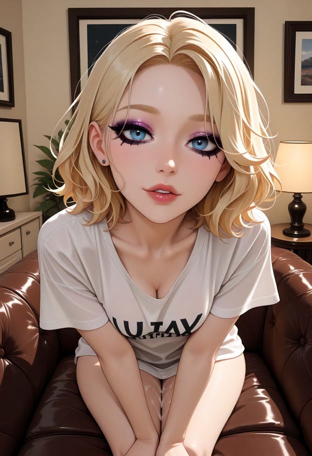 on her knees looking at viewer,white cotton t-shirt,cum stains,living room,brown leather couch,table,lamp,carpeted wi…