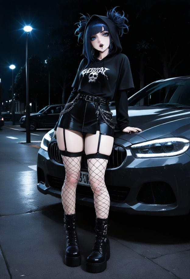 she is leaning against the car hood,ripped black band tee,studded leather skirt,fishnet stockings,platform boots,driv…