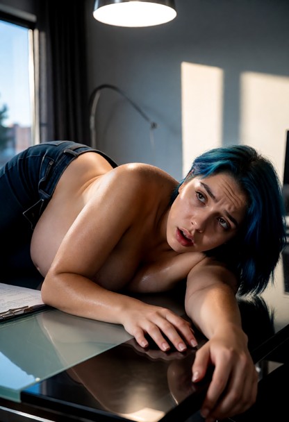 Location: late afternoon in a modern office with sleek desk surfaces, soft ambient light from a nearby window, and a …
