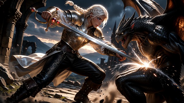 A highly detailed fantasy action photograph capturing a fierce warrior in a dynamic combat pose, facing off against a…