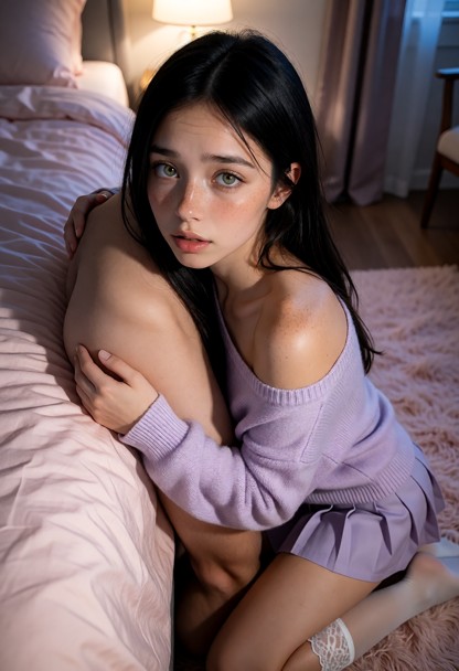 Location: quiet bedroom in the evening with soft, dim light from a bedside lamp casting warm, gentle glows across the…