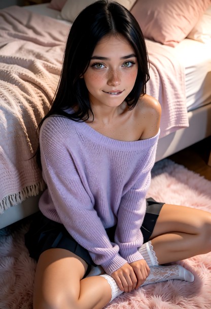 Location: evening in a cozy bedroom with soft, warm ambient light casting gentle shadows across the pastel pink rug a…