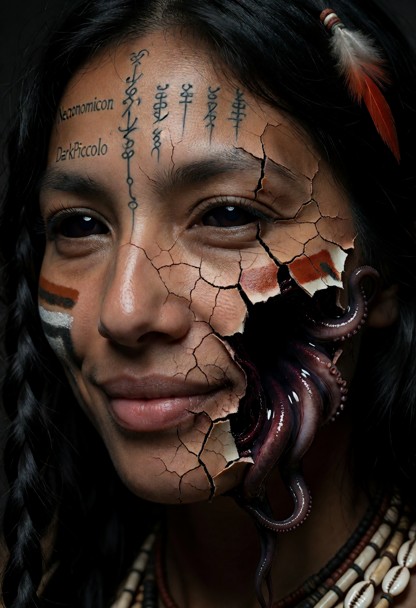 An extreme macro close-up photograph of a woman's face, capturing a deeply unsettling psychological contrast. She is …