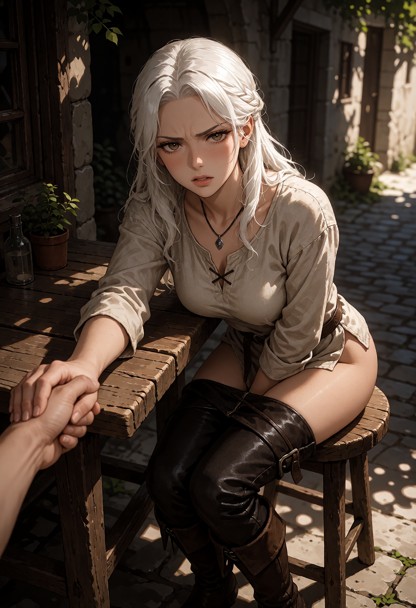 Location: a small rustic outdoor wooden table set in a quiet corner of the alleyway, where dappled sunlight filters t…