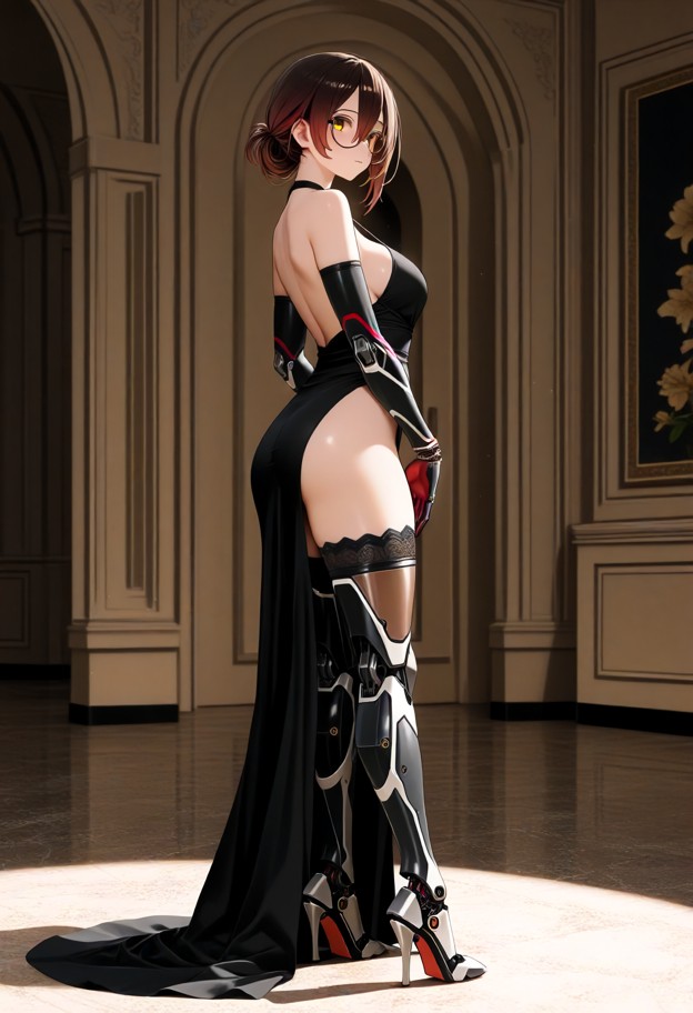 a she is is standing in an elegant pose,wearing evening dress,stockings,stiletto heels,ballroom,medium shot,soft ligh…