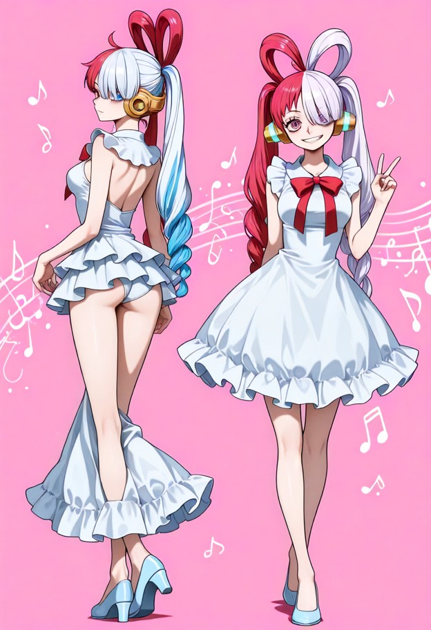 anime style,uta one piece film red,small slim petite elegant adult female,long pink/white-blue twin ponytails heteroc…