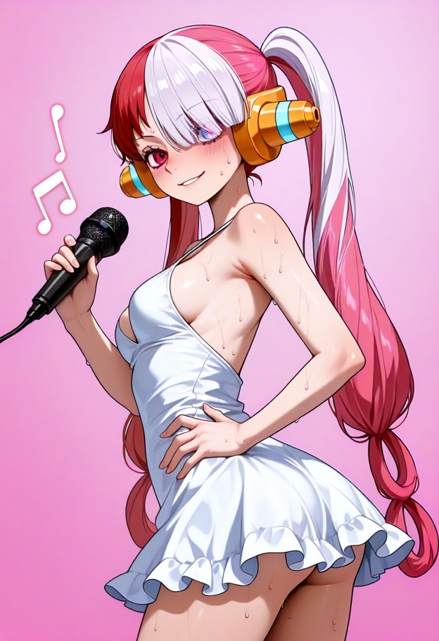anime nsfw,uta one piece film red,small slim petite elegant adult female,long pink twin ponytails heterochromia eyes …