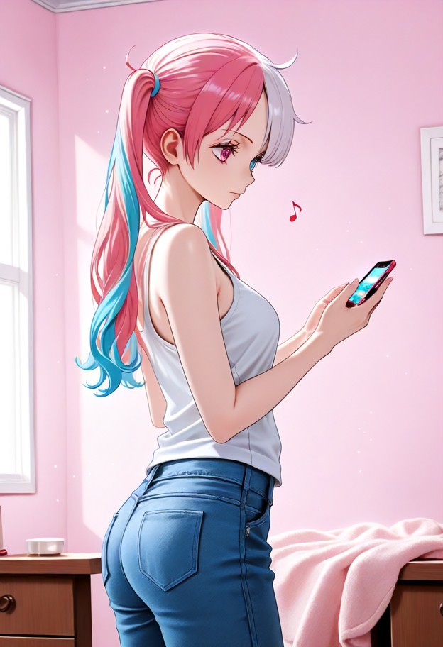 1girl standing,white tank top,jeans,clutching phone,bedroom,walls,desk,blankets,solo,eye contact